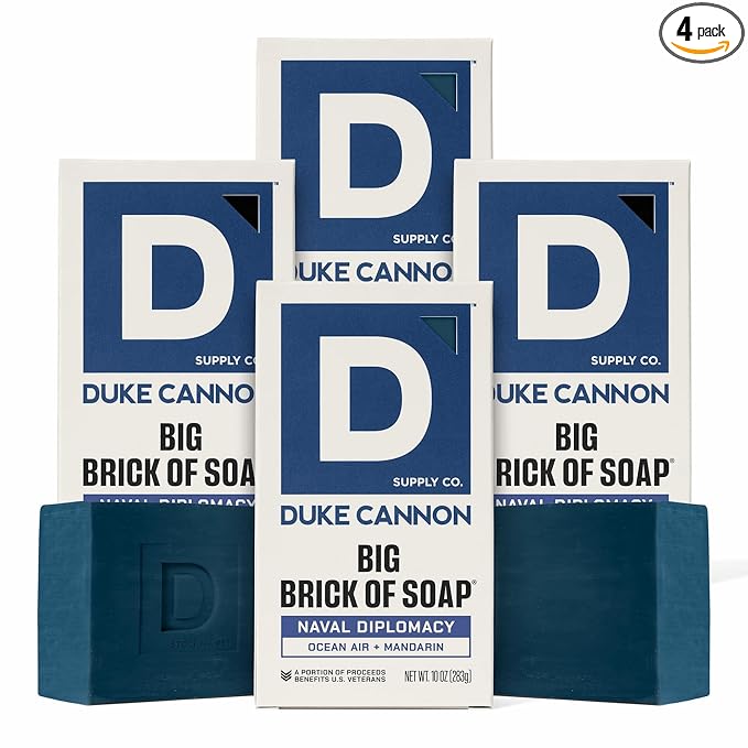 Duke Cannon Naval Diplomacy Big Brick Soap Bar 10 oz - Ocean Air + Mandarin Scent, Triple Milled Long-Lasting Natural Soap, Large Men’s Bar, Supports U.S. Veterans, 4 Pack