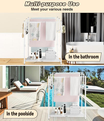 Mondazie 44” Free Standing Towel Racks for Bathroom Towel Storage, White | 3 Tier Oversized Pool Towel Drying Rack Outdoor, Blanket Ladder Holder with Shelf & 6 Hooks for Bedroom Living Room Poolside