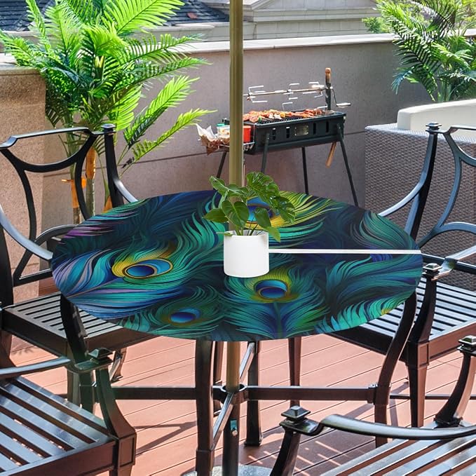 Fitted Round Tablecloth with Umbrella Hole and Zipper Peacock Outdoor Elastic Table Cloth 45"-56" Oil-Proof Waterproof Peacock Feather Patio Table Cover for Picnic Party