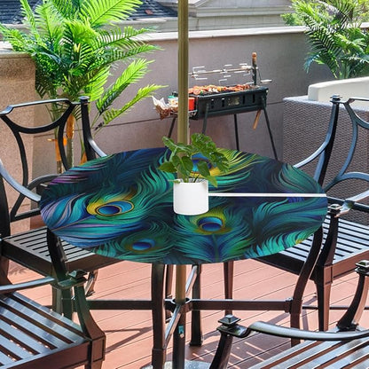 Fitted Round Tablecloth with Umbrella Hole and Zipper Peacock Outdoor Elastic Table Cloth 36"-44" Oil-Proof Waterproof Peacock Feather Patio Table Cover for Picnic Party