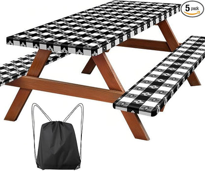 Picnic Table Cover with Bench Covers, Waterproof Tablecloth Set, Four-leaf | Fitted 6ft Tables, for Outdoor Camping, RV, Includes 1 Table Cover(30"x72"), 2 Bench Covers(72"x12"), Drawstring Storage Bag
