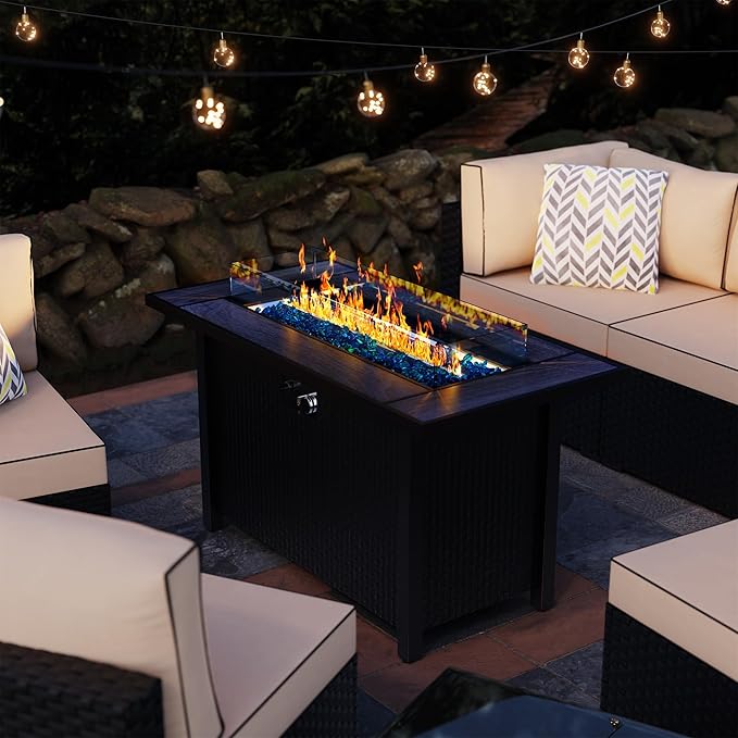 45in Fire Table, Propane Fire Pit with Glass Wind Guard and Rain Cover, Outdoor Firepit Table 50000 BTU 3-in-1 Fire Table for Patio/Yard/Balcony, Gray Tabletop