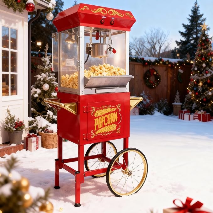 8 Oz Popcorn Machine with Cart, Nostalgia Professional Cart Makes Up to 32 Cups with Warming Deck and Old Maids Drawer, Movie Night Supplies for Home, Red