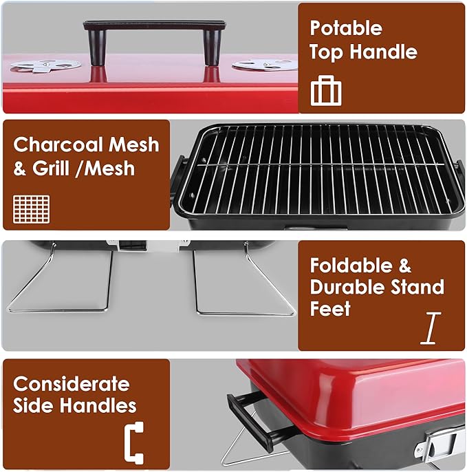 Portable Charcoal Grill, Foldable Tabletop BBQ Smoker, Small Barbecue Grill for Outdoor Cooking Camping Picnics & Travel, Compact & Lightweight, Red