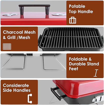 Portable Charcoal Grill, Foldable Tabletop BBQ Smoker, Small Barbecue Grill for Outdoor Cooking Camping Picnics & Travel, Compact & Lightweight, Red