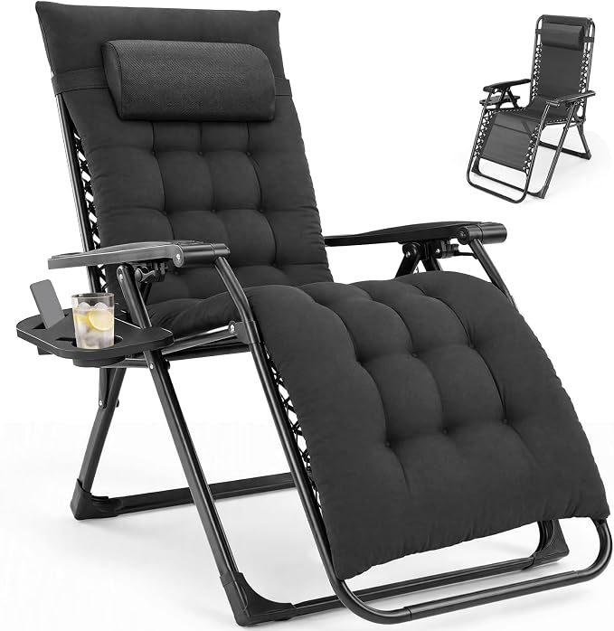 DUMOS Zero Gravity Chair, Lounge Chair Outdoor with Cup Holder Tray | Folding Reclining Chairs for Indoor, Outside, Beach, Camping and Patio, Black