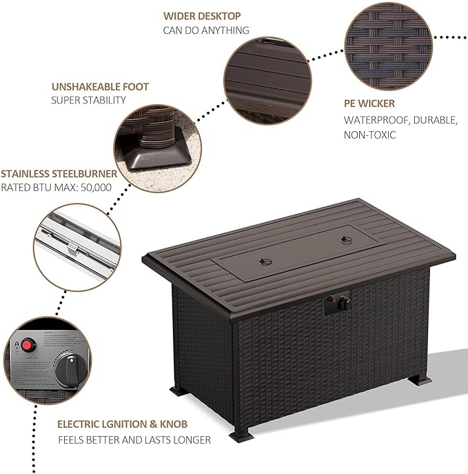 43" Propane Fire Pit Table,55000 BTU Wicker Firepit,Outdoor Fire Pit with Fire Glass,Lid,Waterproof Cover and Blue Glass Stone for Backyard,Garden,Patio