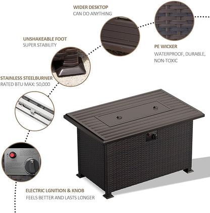 43" Propane Fire Pit Table,55000 BTU Wicker Firepit,Outdoor Fire Pit with Fire Glass,Lid,Waterproof Cover and Blue Glass Stone for Backyard,Garden,Patio