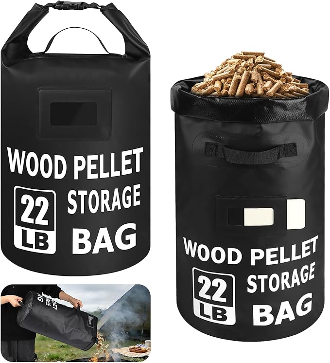 22LB Waterproof Wood Pellet Storage Bag - Dual Handles, Label Pocket, Portable BBQ Smoker Pellet Storage Containers Bin, Stay Dry Pellet Grill Accessories for Fuel, Charcoal, Wood Chips-1PCS