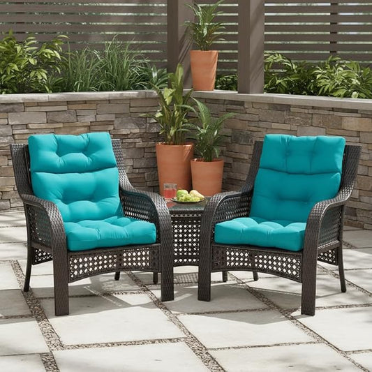 Outdoor Tufted High-Back Chair Cushions, One-Piece Hinged Seat and Back Design, Reversible with 4 Ties, Durable Polyester Fabric, Recycled Fiber Fill - Set of 2, Peacock