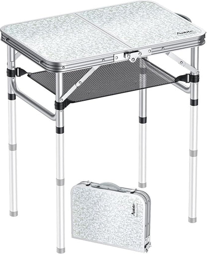 Anbte 2ft Camping Table Foldable, 3 Adjustable Heights 26.3" Aluminum Small Folding Table with Storage Net, Lightweight, Portable Handle for Travel Outdoor Beach Picnic, 23.2" x 16", Silver