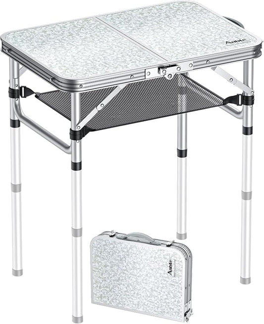 Anbte 2ft Camping Table Foldable, 3 Adjustable Heights 26.3" Aluminum Small Folding Table with Storage Net, Lightweight, Portable Handle for Travel Outdoor Beach Picnic, 23.2" x 16", Silver