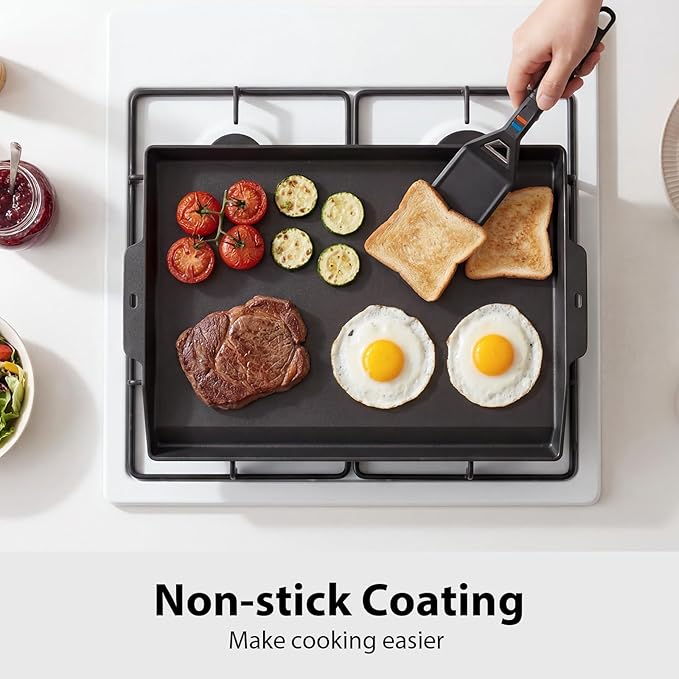 Utheer Griddle Kit, 25" x 16" Pre-Seasoned Cast Iron Flat Top Griddle with 5-Piece Scratch-Free Silicone Tools, Universal Grill Griddle for Gas Grill & Stove Top, BBQ, Camping and Cooking