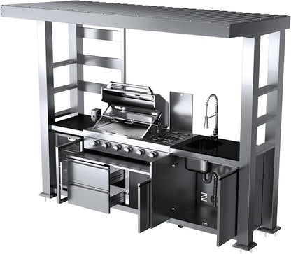 110-Inch 4-Burner 72000 BTU Propane Gas Grill Island with Shed, 304 Stainless Steel Silver, Outdoor Kitchen with Wine Cooler, Rotisserie, Granite Countertops & Sink for Backyard BBQ, Silver