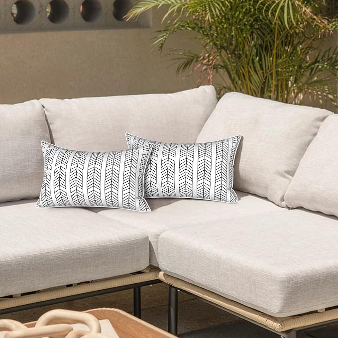LVTXIII 2 Pack Outdoor Lumbar Pillow Covers 12x20 Inch with Piping, Water-Repellent Back Cushion Covers ONLY for Patio Furniture, Sofa, Garden Bench, Herringbone Black White