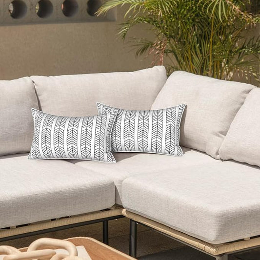 LVTXIII 2 Pack Outdoor Lumbar Pillow Covers 12x20 Inch with Piping, Water-Repellent Back Cushion Covers ONLY for Patio Furniture, Sofa, Garden Bench, Herringbone Black White