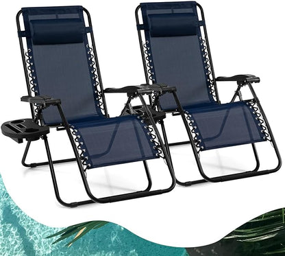 Goplus Zero Gravity Lounge Chairs, 160°Adjustable Folding Recliner w/Pillow and Cup Holder, 350LBS Comfy Outdoor Lounge Chairs for Patio, Lawn, Yard & Camp(Set of 2, Navy)