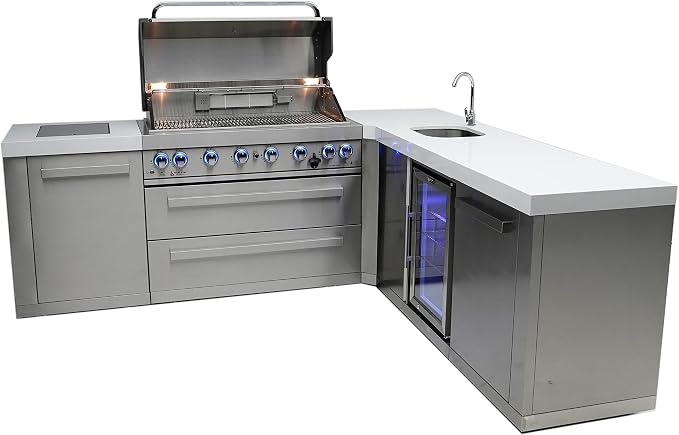 Mont Alpi Premium 94"W x 88"D L-shaped Stainless Steel Modular Outdoor Kitchen Island + Side Burner + Beverage Center Refrigerator Faucet & Sink + 44"W 6-Burner BBQ Grill + Storage Cabinets & Drawers