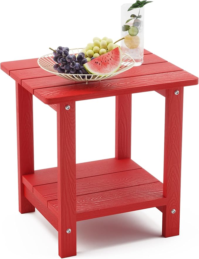 LUE BONA Outdoor Side Table, 2-Tier HDPS Small Patio Table, Bright Red | 2-Tier Shelf for Extra Storage, Small End Table for Pool, Porch, Balcony, Weather Resistant HDPS, Easy Clean