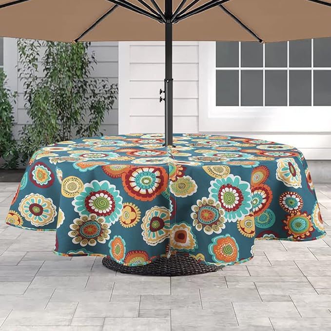 Magpie Fabrics 60" Round Tablecloth with Umbrella Hole and Zipper, Washable Waterproof Wrinkle Free Zippered Patio Table Cloths Table Covers for Spring, Party, Backyard, Picnic, BBQS (Floral Green)
