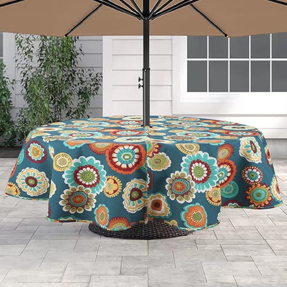 Magpie Fabrics 60" Round Tablecloth with Umbrella Hole and Zipper, Washable Waterproof Wrinkle Free Zippered Patio Table Cloths Table Covers for Spring, Party, Backyard, Picnic, BBQS (Floral Green)