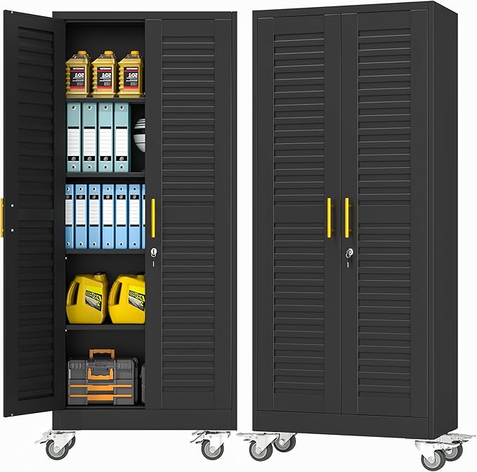 winiowa 71" Tall Metal Garage Storage Cabinet with Wheels, Steel Locking Rolling Tool Cabinet with 4 Adjustable Shelves for Garage,Home,Office (Black)