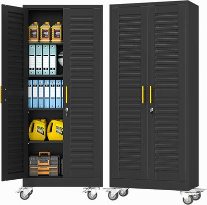 winiowa 71" Tall Metal Garage Storage Cabinet with Wheels, Steel Locking Rolling Tool Cabinet with 4 Adjustable Shelves for Garage,Home,Office (Black)