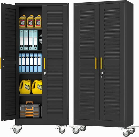 winiowa 71" Tall Metal Garage Storage Cabinet with Wheels, Steel Locking Rolling Tool Cabinet with 4 Adjustable Shelves for Garage,Home,Office (Black)