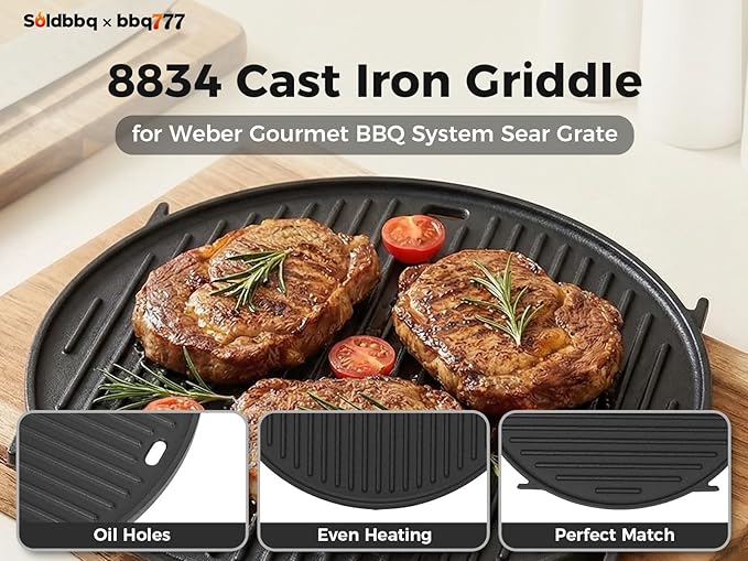8834 Cast Iron Griddle for Weber Gourmet BBQ System Sear Grate, Griddle for 22-inch Weber Kettle Premium/Charcoal Grill 22" Smokers, for Kettle Charcoal Grill Grate 22 inch Diameter 12"