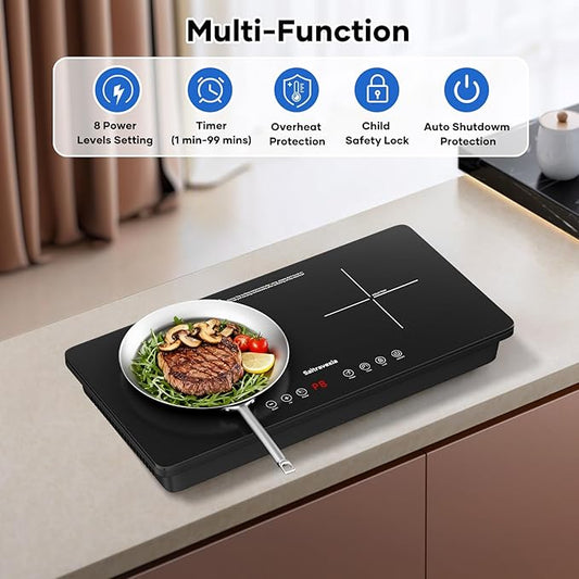 Portable Induction Cooktop 2 Burner, 1800W Double Induction Burner with Touch Control, Timer & Safety Lock, Electric Induction Stove 110V, Cross Line Panel