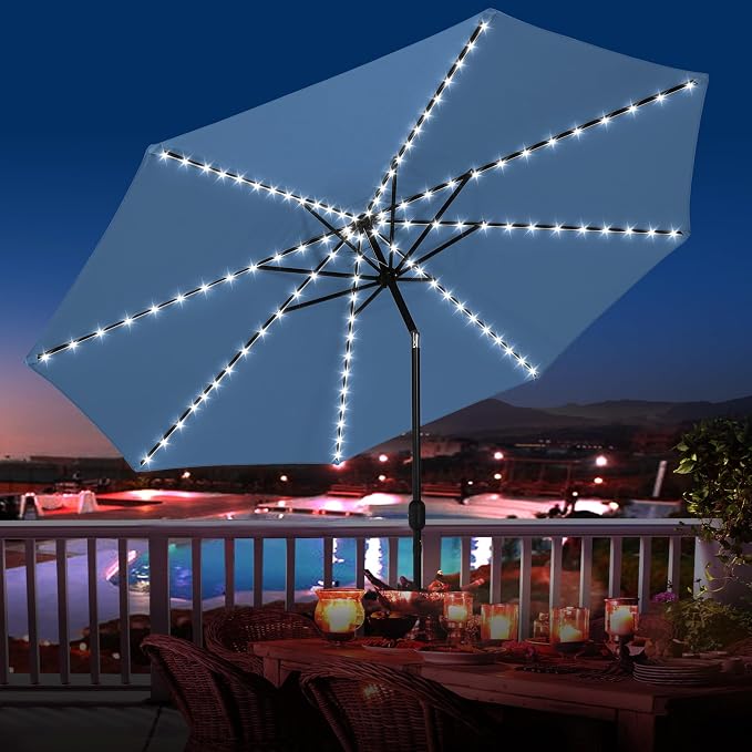Sundale Outdoor 104 LED 11 FT Solar Patio Umbrella with Base, Navy | Sand Bag Umbrella Base, Tilt, Crank, Solar Lights