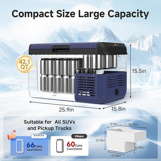 BODEGACOOLER 12 Volt Car Refrigerator, 42QT(40L) IPX4 Waterproof Electric Cooler, 31dB Ultra-Quiet Car Fridge APP Control with 12/24V DC 110-240V AC, -4℉~68℉, Portable for Truck RV Camping, Travel