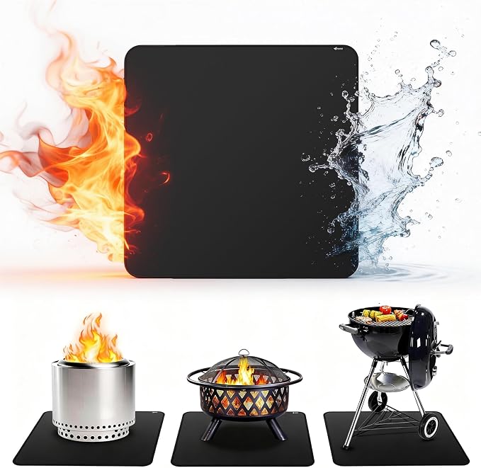 FLASLD Heavy-Duty Under Grill Mat 59inch Square Fire Pit Mat,3 Layers Fireproof Waterproof Grill Pads Protect for Deck,Patio,Outdoor Charcoal,Smokers,Wood Floor,Indoor Black Fireplace Mat Reusable