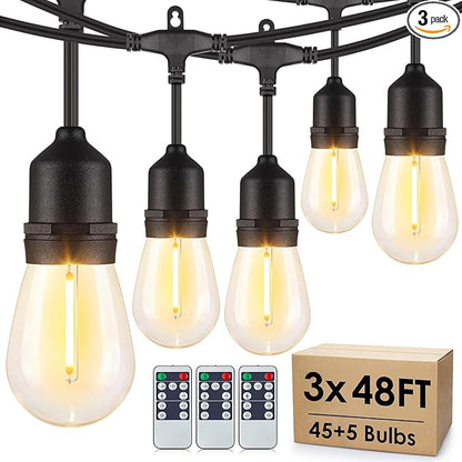 Larkvue 144FT(3 * 48FT) Outdoor String Lights with Remote, Dimmable Patio Lights with 45+5 LED Bulbs 3 Modes 4 Timers for Bistro Cafe, Black 3 Pack