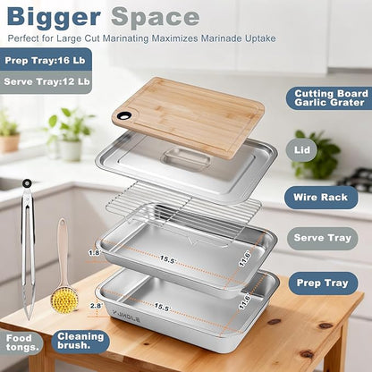 Grilling Prep and Serve Trays,Stainless Steel Large Capacity Food Prep Trays with Lid, Cutting Board Cooling Rack Food Tongs and Cleaning Brush,BBQ Accessories Gift