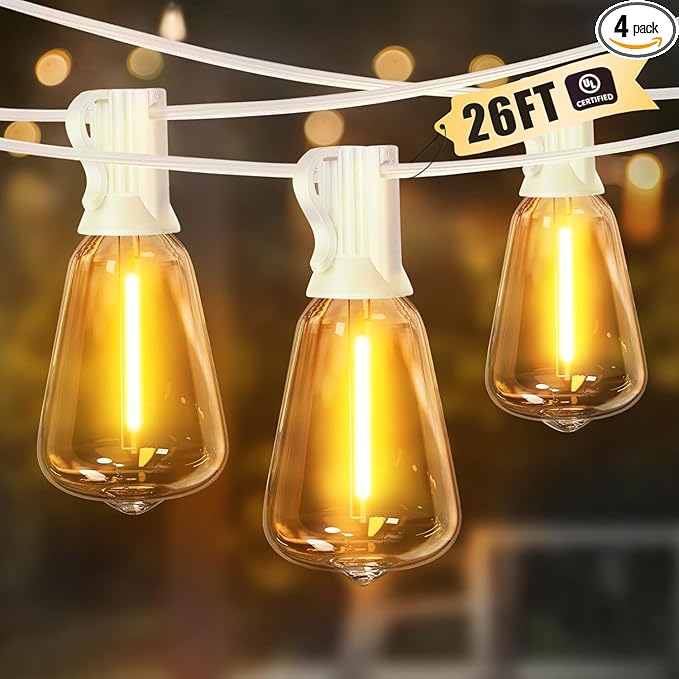 LAMPHOME 4-Pack 26FT Outdoor Patio Lights, 2700K Warm White String Lights 12+1 LED Waterproof Shatterproof Edison Bulbs, Dimmable with Timer for Garden Backyard Yard Hanging Lighting