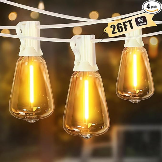 LAMPHOME 4-Pack 26FT Outdoor Patio Lights, 2700K Warm White String Lights 12+1 LED Waterproof Shatterproof Edison Bulbs, Dimmable with Timer for Garden Backyard Yard Hanging Lighting