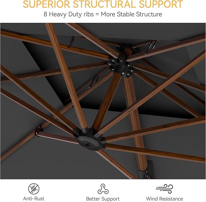 10x13 FT Wood Pattern Patio Umbrella with Base, Large Deluxe Cantilever Rectangular Double Top Heavy Duty Offset Umbrellas with 360° Rotation, Outdoor shade for Garden Pool Patio, Grey