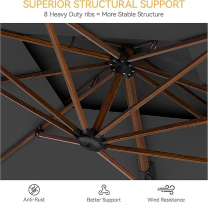 10x13 FT Wood Pattern Patio Umbrella with Base, Large Deluxe Cantilever Rectangular Double Top Heavy Duty Offset Umbrellas with 360° Rotation, Outdoor shade for Garden Pool Patio, Grey