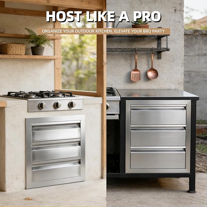 Outdoor Kitchen Drawers 18" x 20.5" x 20.5" Stainless Steel Triple Drawer Cabinet, Flush Mount Modular Storage for BBQ Islands & Patios