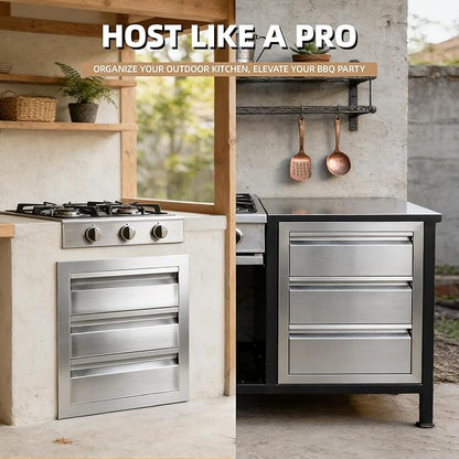 Outdoor Kitchen Drawers 18" x 20.5" x 20.5" Stainless Steel Triple Drawer Cabinet, Flush Mount Modular Storage for BBQ Islands & Patios