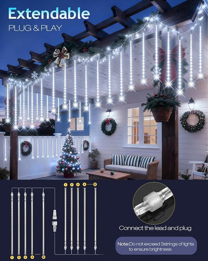 PEMOTech Christmas Lights Outdoor,12-Tube Meteor Shower Lights Outdoor | White Waterproof Icicle Lights, 34.1 FT, 11.8-Inch Tubes, 16.4 FT Cable, Luces Navideñas para Exteriores, Tree & Garden Decor