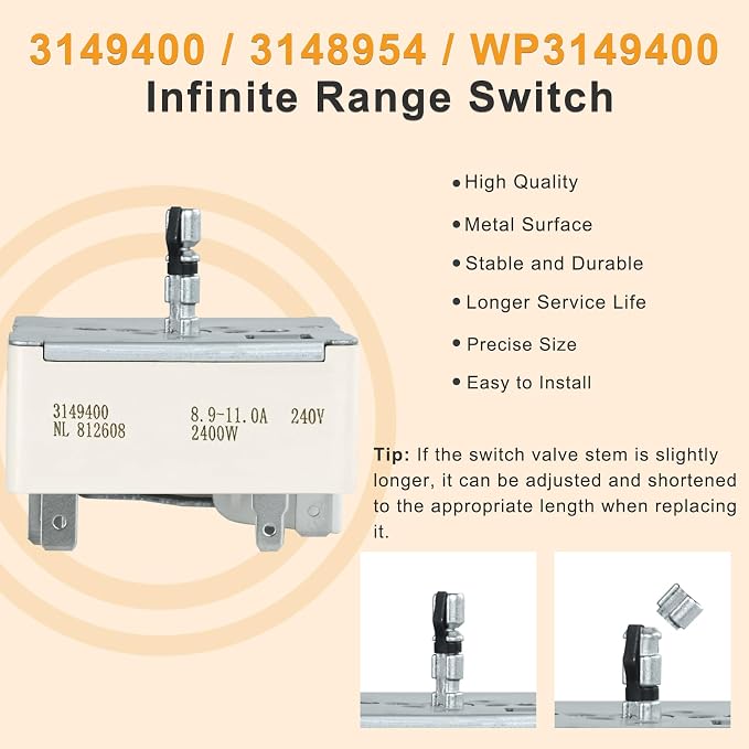 WP3149400 3149400 3148954 3148953 Range Surface Burner Infinite Switch for Large 8 Inch Burner Replace Parts: 2786 AP6007666 PS11740783 EAP11740783 310180 311846 311858 311859 Fits for Whirlpool