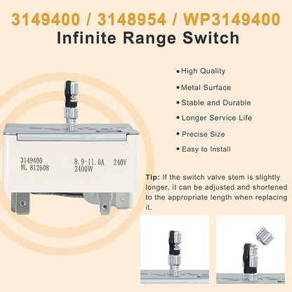 WP3149400 3149400 3148954 3148953 Range Surface Burner Infinite Switch for Large 8 Inch Burner Replace Parts: 2786 AP6007666 PS11740783 EAP11740783 310180 311846 311858 311859 Fits for Whirlpool