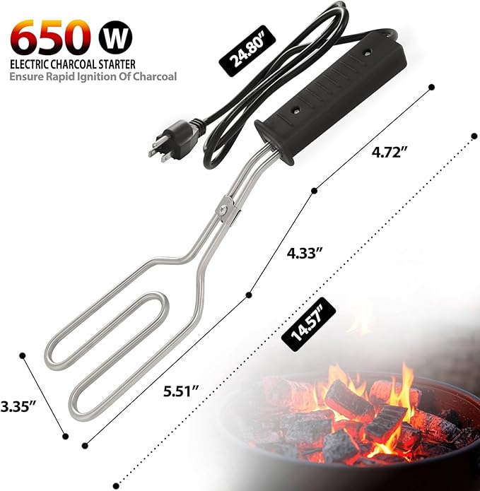 650W Electric Charcoal Starter - Fire Lighter for BBQ Grill Fireplace Smoker Campfires Coal Quick Ignite Briquettes, Durable Stainless Steel 304 Heat Element Coils with 25 Inch Power Cord