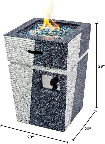 20" Outdoor Propane Gas Fire Pit Table, 40,000 BTU Auto-Ignition Concrete Gas Firepit, Magnesium Oxide Cylinder Design, Side Handles and Cover, Mix Color Glass Rocks