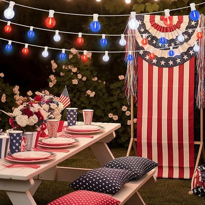 LAMPHOME 2-Pack 26Ft Outdoor Red White Blue String Lights, Patriotic Patio Light with 12+1 Edison Bulbs, LED Shatterproof String Lights for Outside Bistro Christmas Patio Party Decorations
