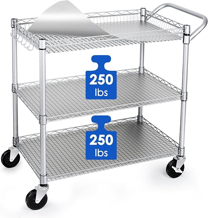 Heavy Duty 3 Tier Utility Cart,Wire Rolling Carts with Wheels, Commercial Grade Service Cart with Shelving Liners and Handle Bar Metal Carts for Kitchen Office Hardware