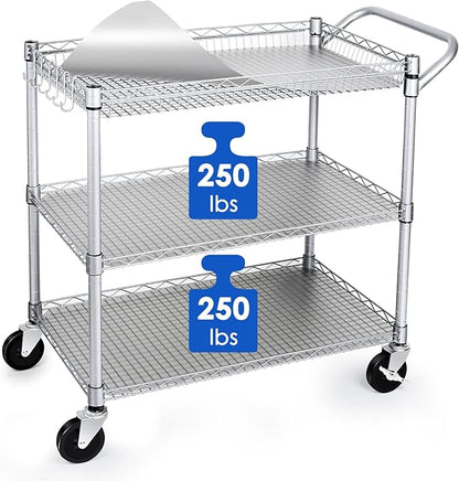 Heavy Duty 3 Tier Utility Cart,Wire Rolling Carts with Wheels, Commercial Grade Service Cart with Shelving Liners and Handle Bar Metal Carts for Kitchen Office Hardware