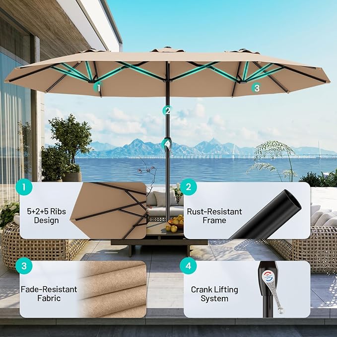 AreShark 15ft Patio Umbrella with Base, Double Sided Outdoor Umbrella with 12 Fiberglass Ribs, Large Outdoor Umbrella for Garden, Pool, Deck, Backyard & Market, Beige